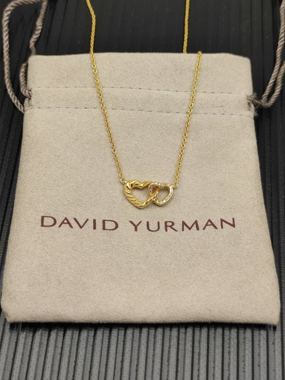 David Yurman Gold Double Heart Diamond Necklace